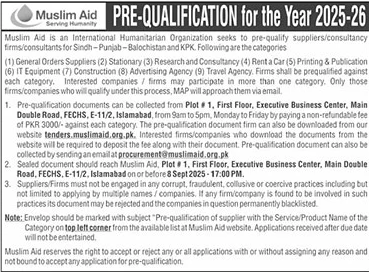 Muslim Aid Islamabad Tender Notice